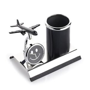 Aeroplane Miniature Metal Pen Stand with Clock