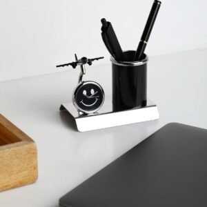 Aeroplane Miniature Metal Pen Stand with Clock, Stylish Desk Organizer, Pencil Holder, Elegant Corporate Gift Set, Durable Decorative Showpiece for Office, Doctors, Lawyers (Black)
