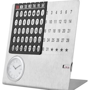 Perpetual Calendar, Lifetime Table Calender, Permanent Desk Calander with Clock, Adjustable Date & Month Display for Home/Office/Corporate Gifts (Metal-Silver) (105 X 40 X 85 mm)