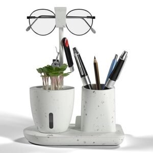 eo Pen Stand for Study Table with Self-Watering Plant Pot, Glasses & Smartphone Holder – Desk Organizer & Pencil Holder for Office, Home, Kids, Students, Study Room Desk Station White